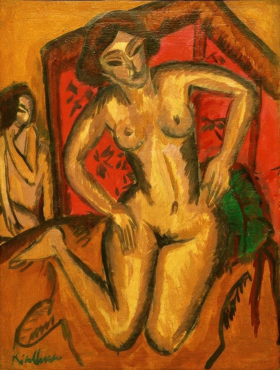Térdelő meztelen lány egy piros képernyő előtt alkotó: Ernst Ludwig Kirchner