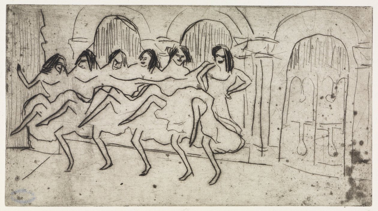 Fekvő Lotte párnákon / Hat táncosnő íves díszlet előtt – angol társulat alkotó: Ernst Ludwig Kirchner
