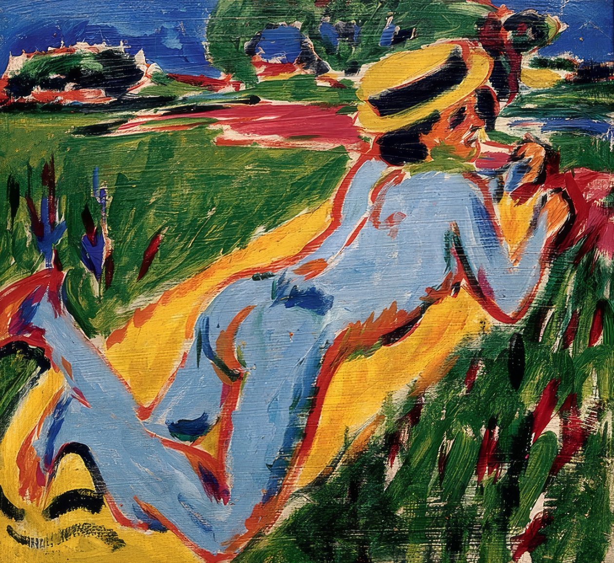 Fekvő kék akt szalmakalappal. 1909 alkotó: Ernst Ludwig Kirchner