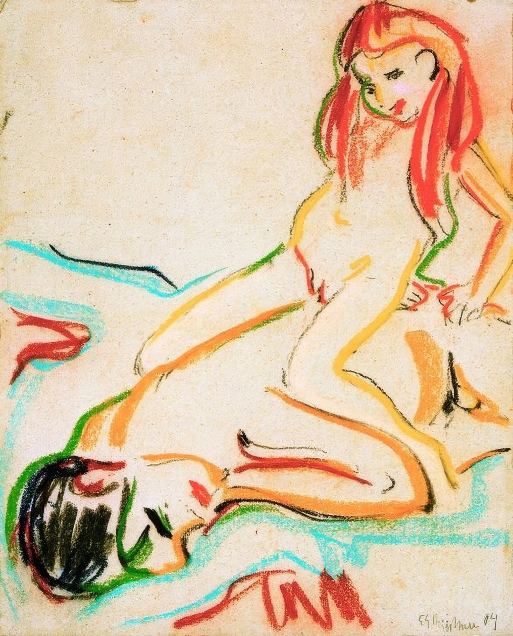 Meztelenül fekvő férfi gyermekkel a hátán alkotó: Ernst Ludwig Kirchner