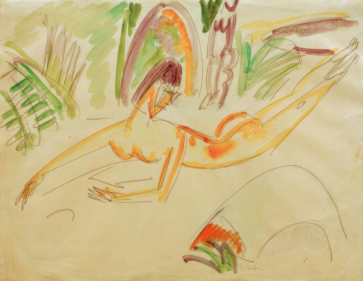 Fekvő női akt a Fehmarn strandon alkotó: Ernst Ludwig Kirchner