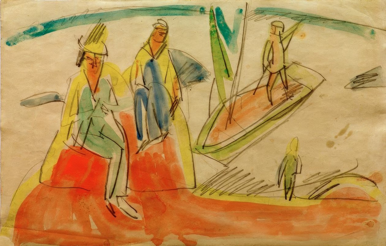 Emberek és csónak a tengerparton alkotó: Ernst Ludwig Kirchner