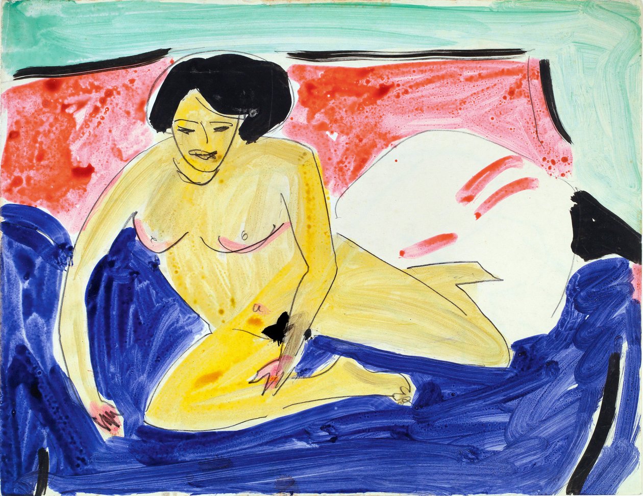 Meztelen díván ülve (Divánon ülő akt). Ernst Ludwig Kirchner (1880-1938) munkája, akvarell és tus papíron alkotó: Ernst Ludwig Kirchner