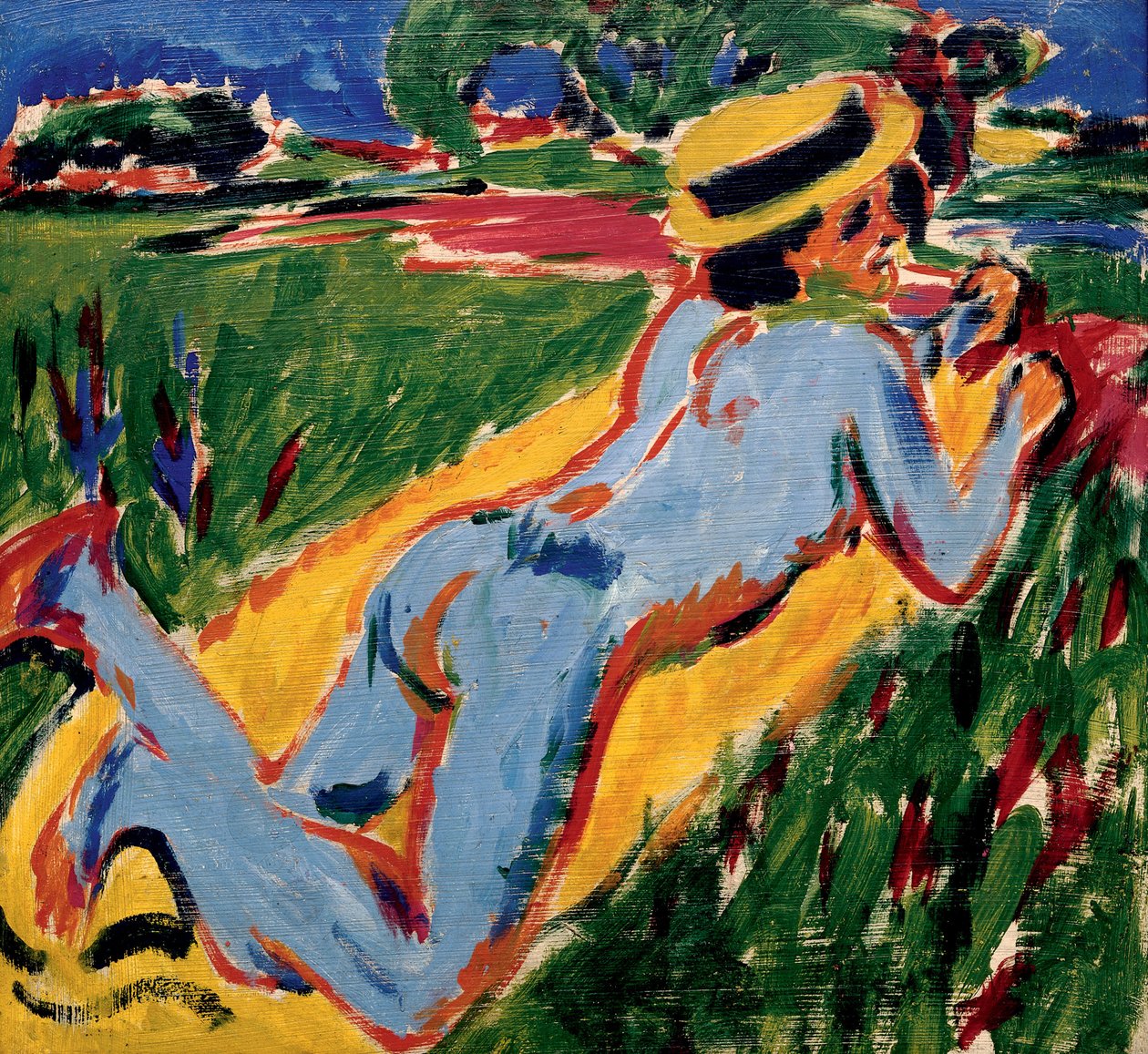 Nu bleu szalmakalapban alszik. Ernst Ludwig Kirchner (1880-1938) munkája, olaj, karton alkotó: Ernst Ludwig Kirchner