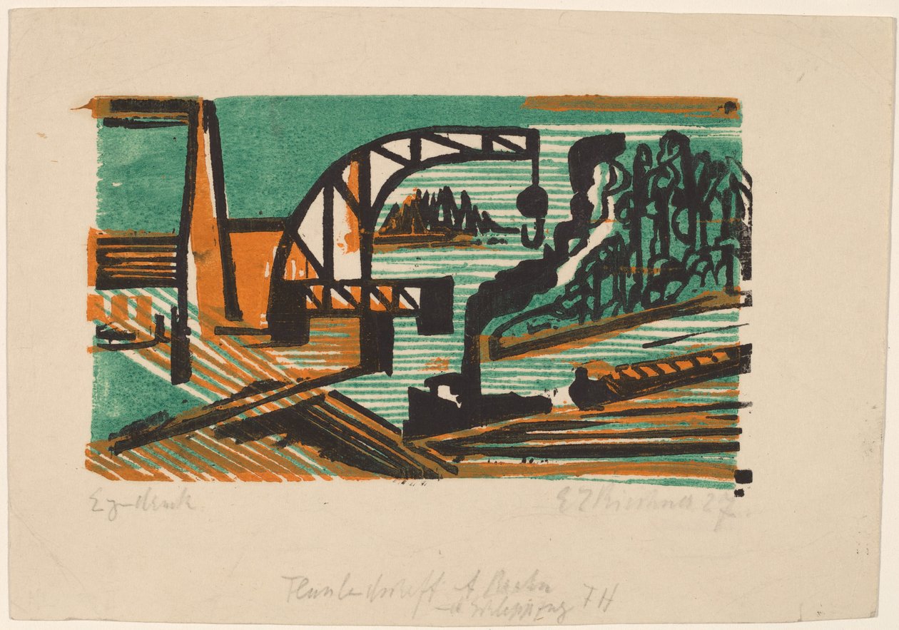 Folyói táj daruval és bárkákkal alkotó: Ernst Ludwig Kirchner