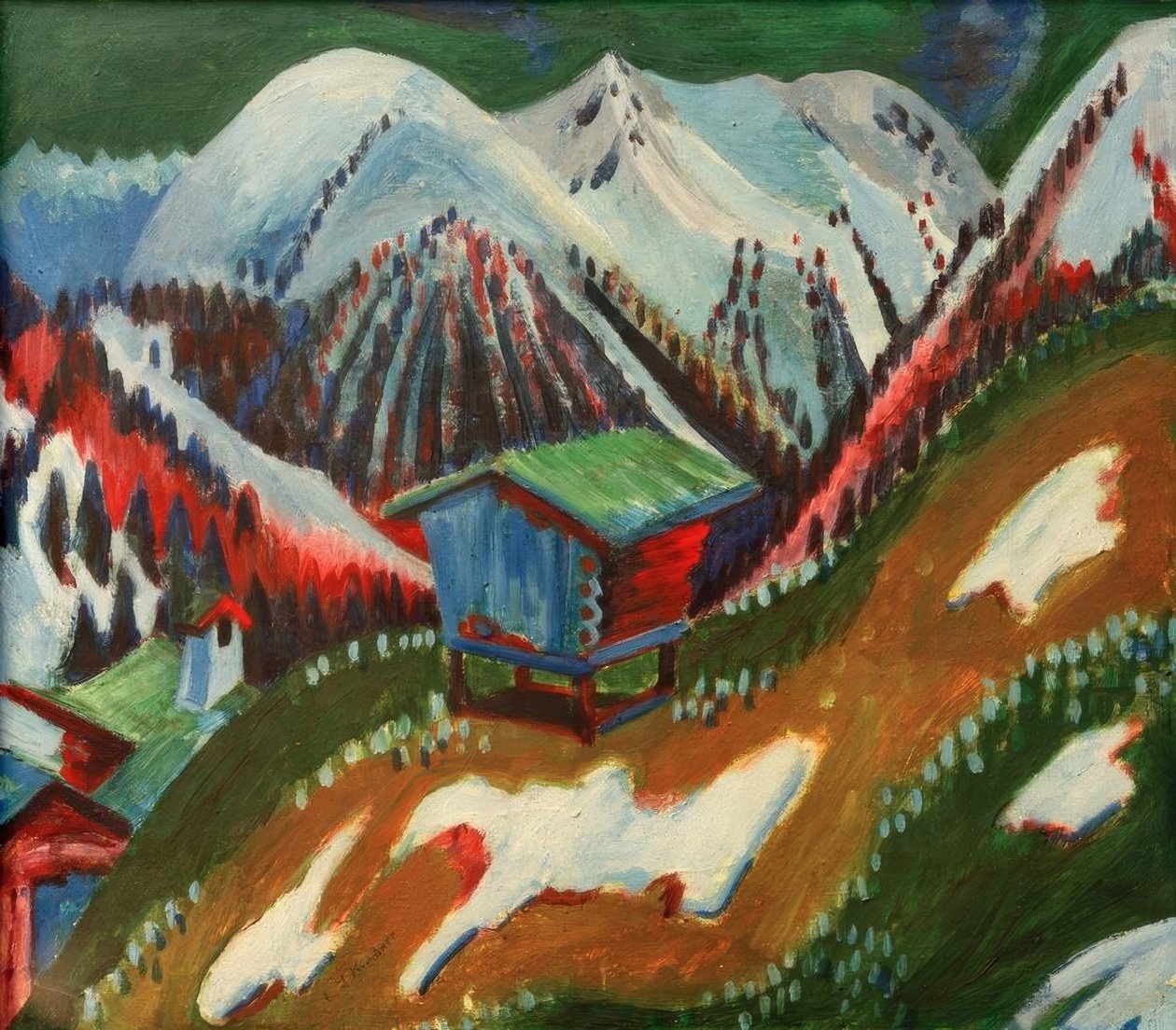 Olvadó hó. Hegyi táj alpesi kunyhóval alkotó: Ernst Ludwig Kirchner