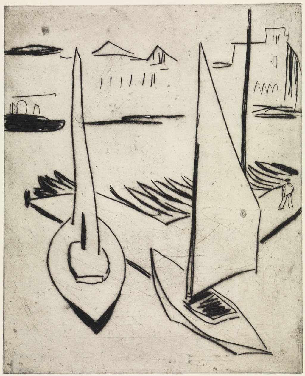 Vitorláshajó-kikötő az Alsteren, Hamburg / Obeliszkekkel szegélyezett utca, Drezda alkotó: Ernst Ludwig Kirchner