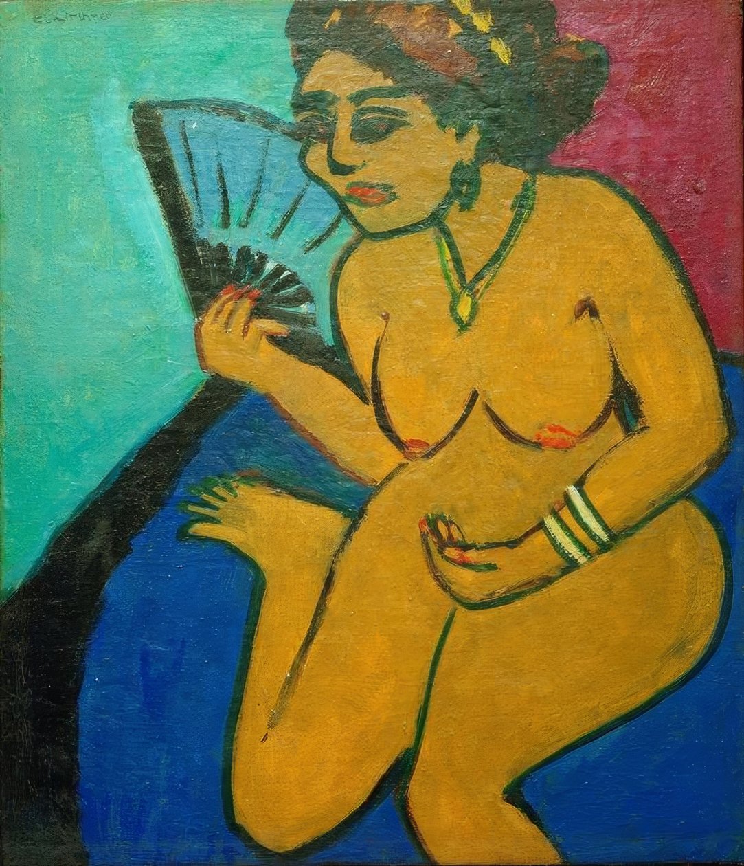 Meztelenül ülve egy legyezővel alkotó: Ernst Ludwig Kirchner