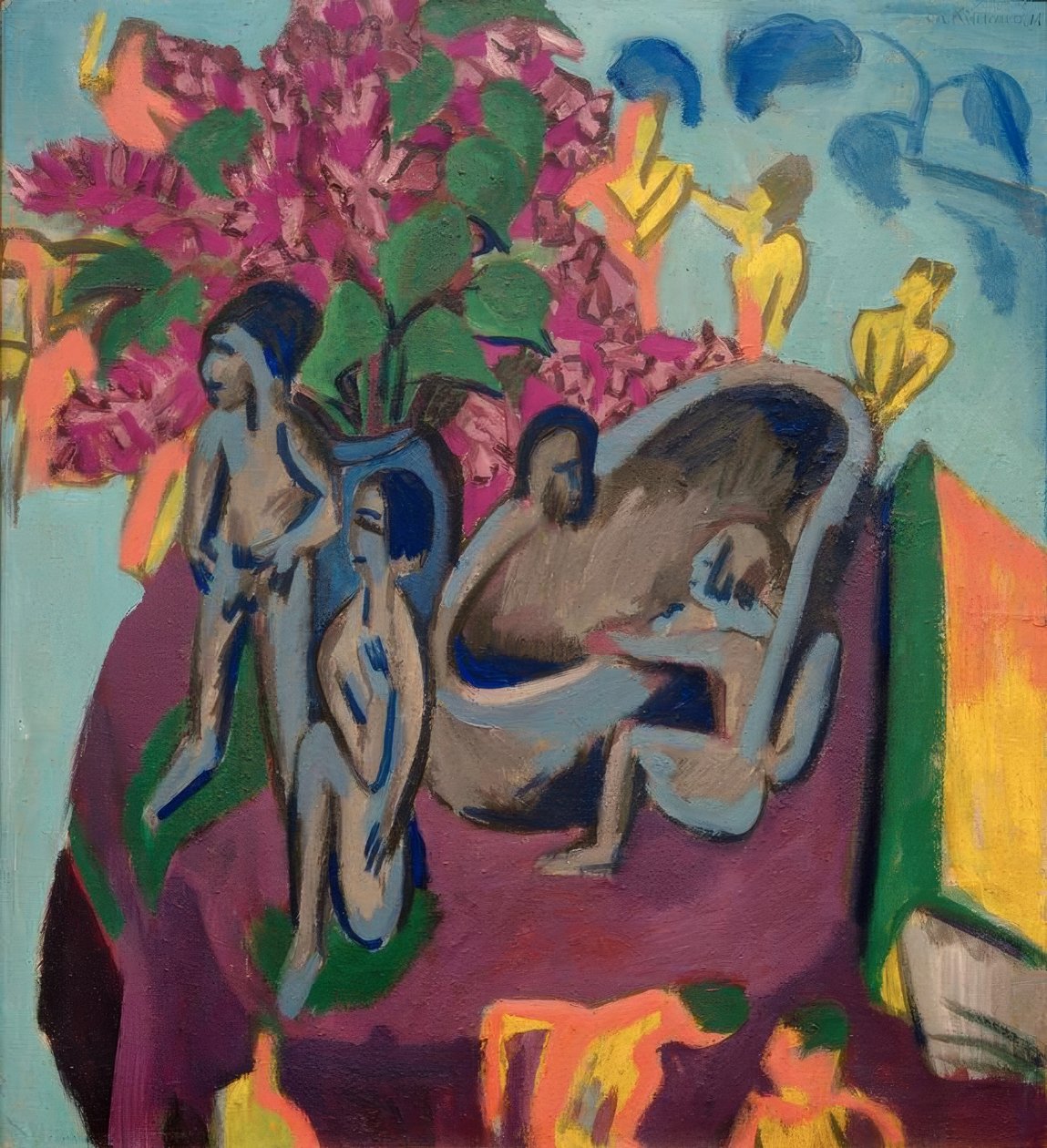 Csendélet szobrokkal és virágokkal alkotó: Ernst Ludwig Kirchner
