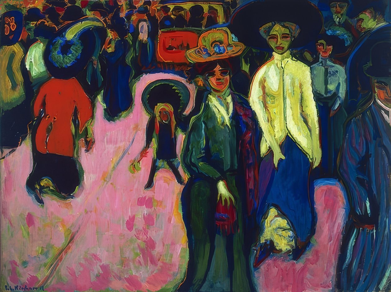 Utca Drezdában. 1908 (átdolgozva 1919-ben, dátum a festményen 1907) alkotó: Ernst Ludwig Kirchner