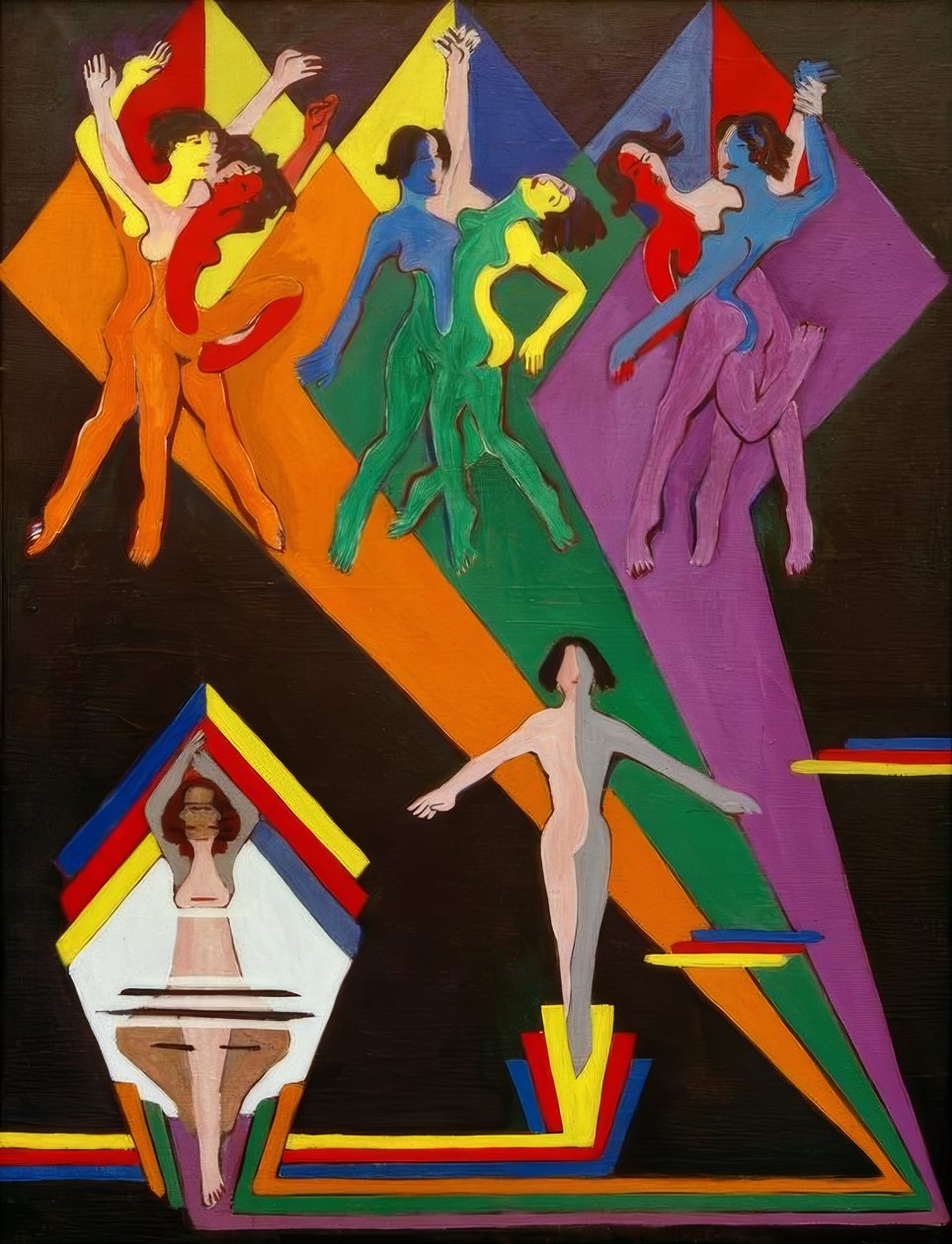 Táncoló lányok színes sugarakban alkotó: Ernst Ludwig Kirchner