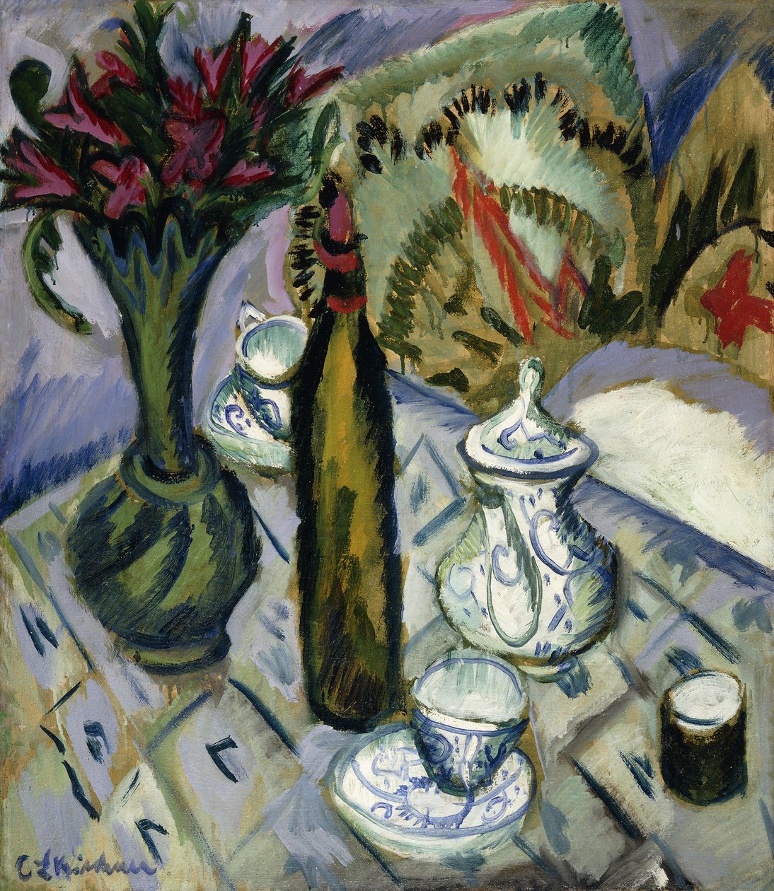 Teáskanna, üveg és piros virágok; Teáskanna, üveg és piros virágok, 1912 alkotó: Ernst Ludwig Kirchner
