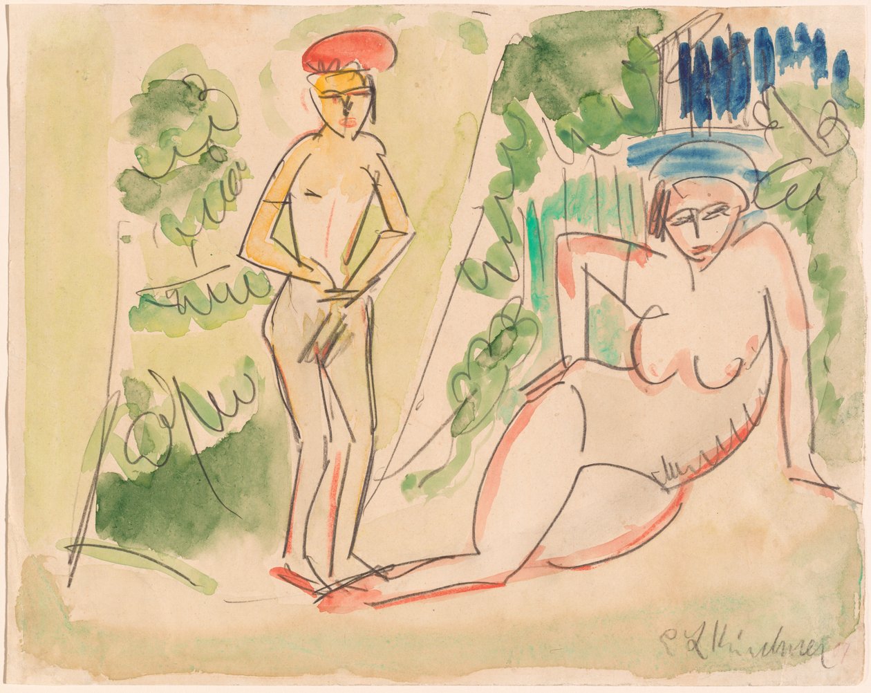 Két fürdőző az erdő közelében alkotó: Ernst Ludwig Kirchner