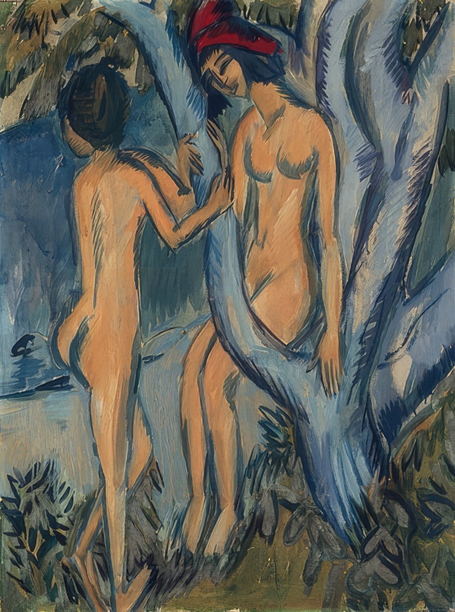 Két akt egy fán, Fehmarn. 1912-13 alkotó: Ernst Ludwig Kirchner
