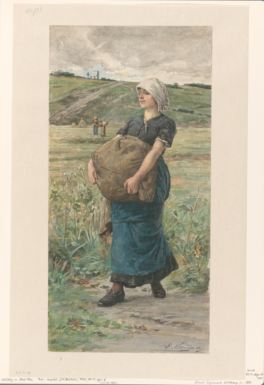 Sétáló nő nehéz táskával alkotó: Ernst Witkamp (signed by artist)