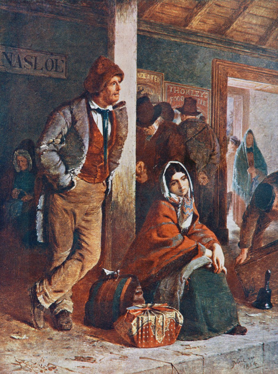 Ír emigránsok Ballinasloe állomáson, útban Galway felé, hogy felszálljanak az Amerikába tartó hajókra a 19. században, Erskine Nicol festménye után. alkotó: Erskine Nicol