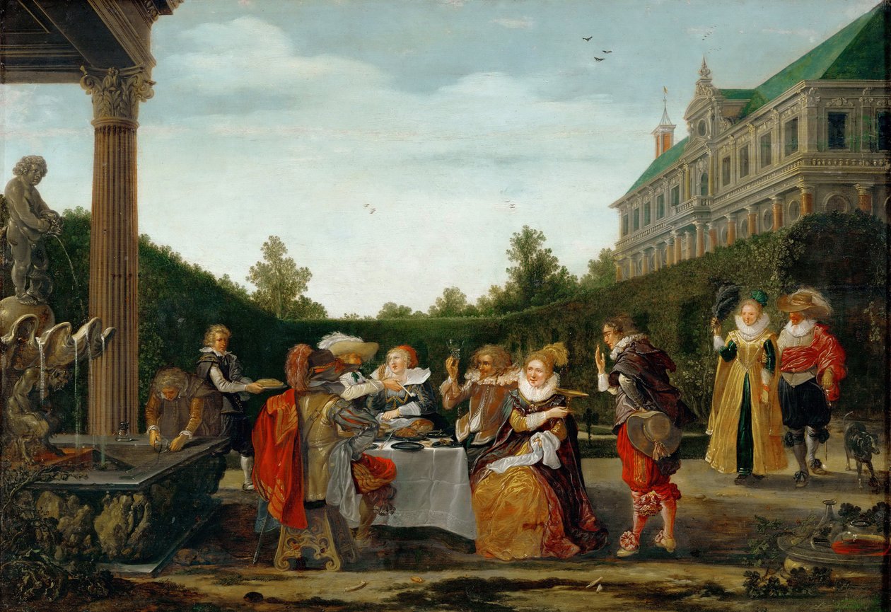 Lakoma a kastélyparkban, Velde, Esaias, van de (1591-1630). olaj a fára alkotó: Esaias I van de Velde