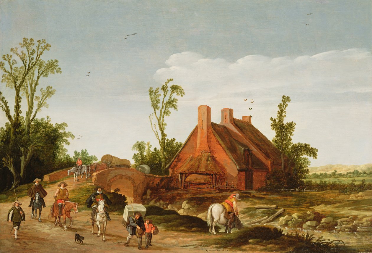 Erdős táj utazókkal a pályán, 1624 alkotó: Esaias van de Velde