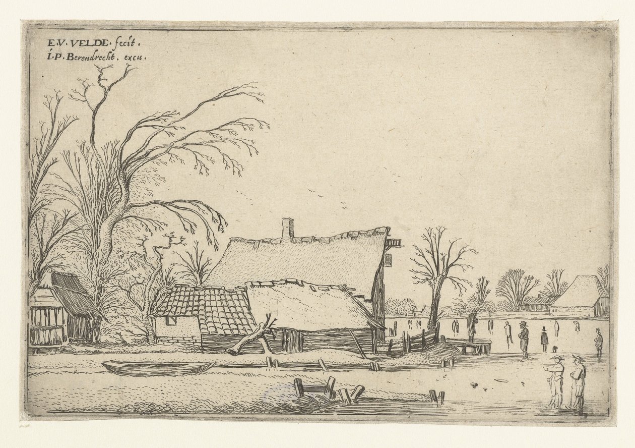 Farm a befagyott folyó mellett korcsolyázókkal Tájképek (sorozat címe) alkotó: Esaias van de Velde
