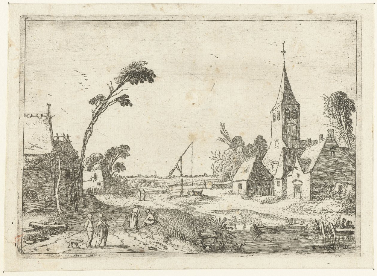 Kilátás a falura farmokkal, templommal és kúttal Tájképek (sorozat címe) alkotó: Esaias van de Velde
