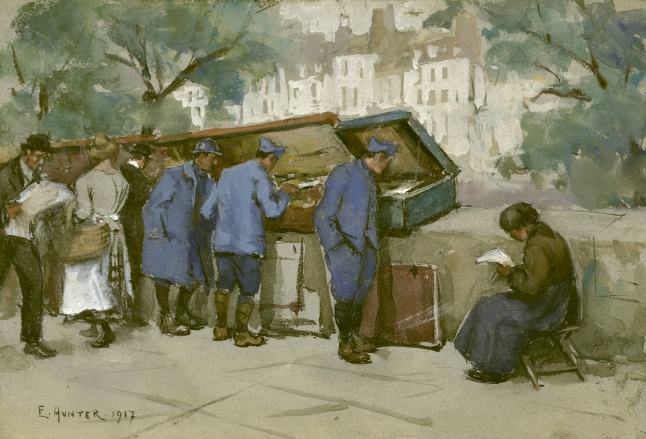 Francia katonák és bouquinisták a Szajna mentén, 1917 (wc világosszürke papíron) alkotó: Ethel Hunter