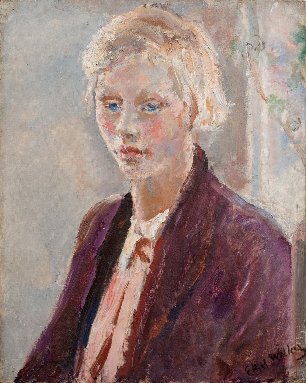 Szőke lány lila kabátban, 1935 körül (olaj, vászon) alkotó: Ethel Walker