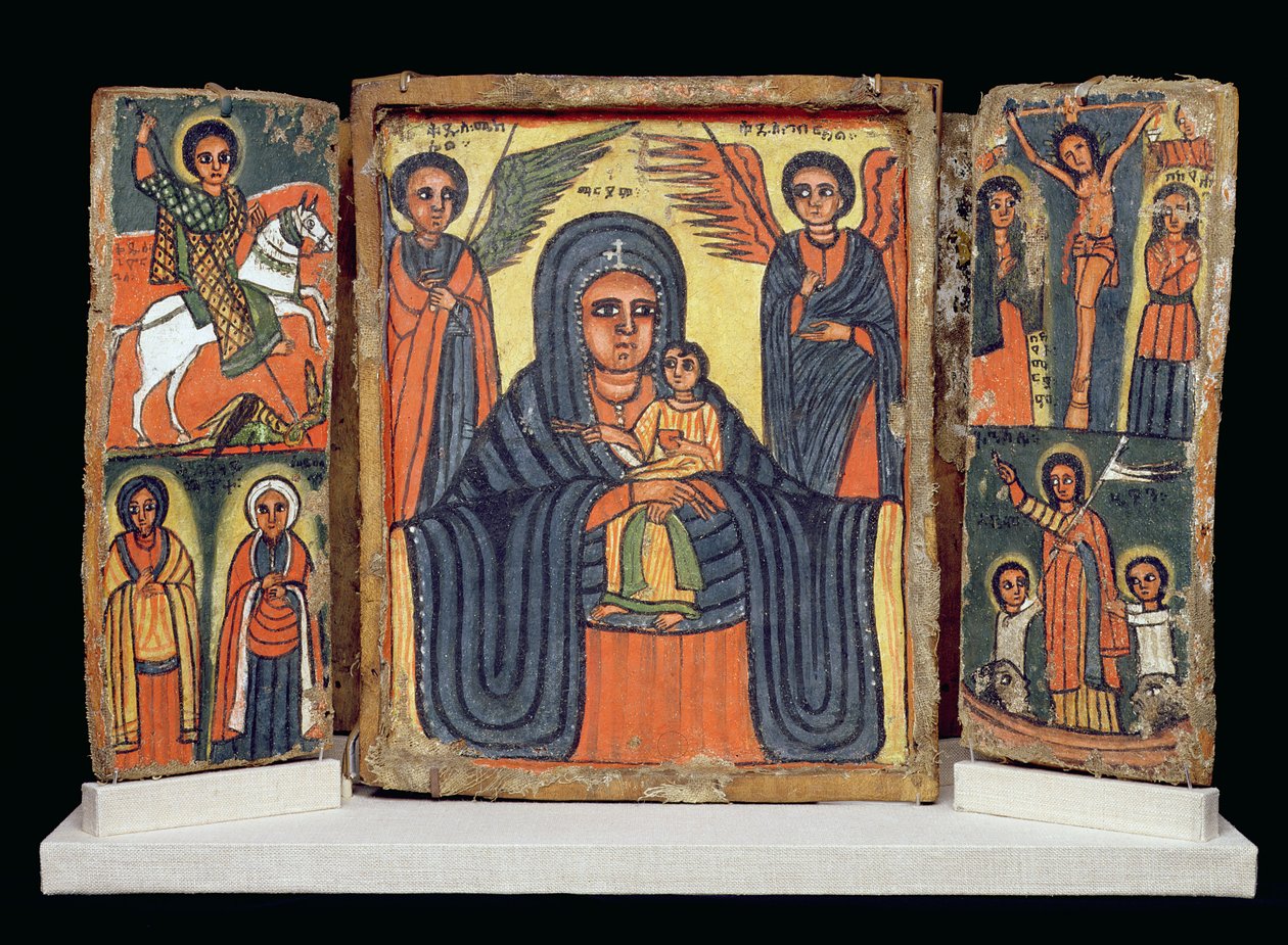Kettős triptichon, Amhara kultúra (gesso és pigment a vászonon) (lásd még: 212139) alkotó: Ethiopian School