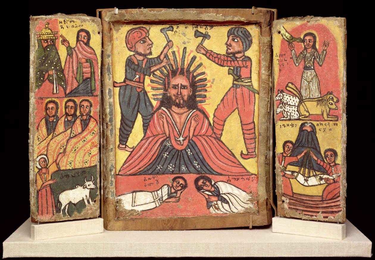 Kettős triptichon, Amhara kultúra (gesso és pigment a vászonon) (lásd még: 212138) alkotó: Ethiopian School