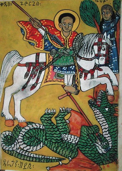 W.951 fol.78r Szent György és a Sárkány, A Boldogságos Szűz Mária csodáiból (vellum) alkotó: Ethiopian School