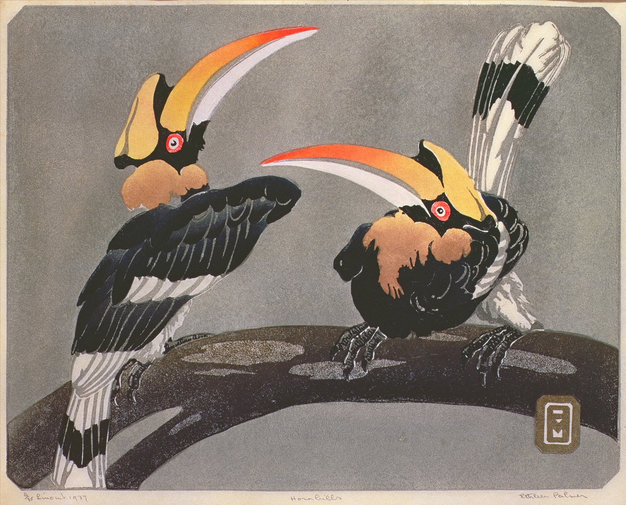 Hornbills, 1937 (linómetszet) alkotó: Ethleen Palmer