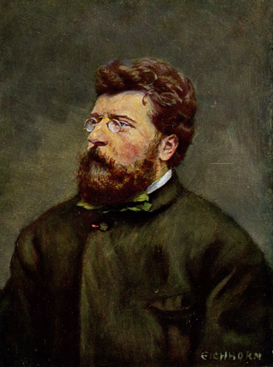 Zene. Georges Bizet francia zeneszerző. Georges Bizet illusztrációja, Ausztria, 1900 körül (képeslap). alkotó: Etienne (after) Carjat