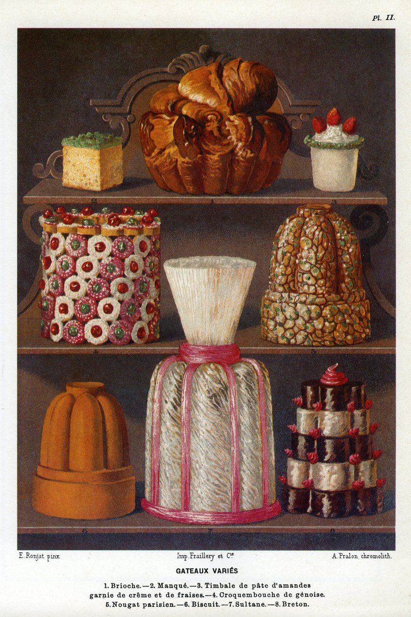 A sütemények változatosak: briós, hiány, mandulapaszta timpánok tejszínnel és eperrel, croquenbouche de genoise, párizsi nugát, keksz, szultán, breton – Jules Gouffe cukrászatának 2. tányérja, Jockey-Club de bouche tisztje Párizs (fej alkotó: Etienne (after) Ronjat