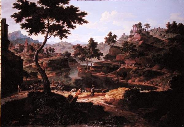 Klasszikus táj figurákkal és romokkal (olaj, vászon) alkotó: Etienne Allegrain