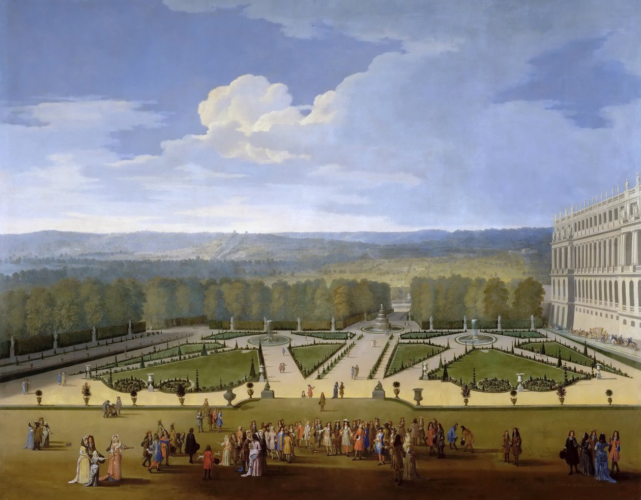 XIV. Lajos és udvara a Versailles-i kertek sétányán alkotó: Etienne Allegrain