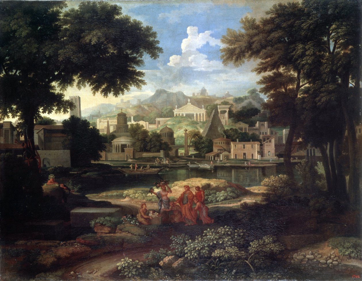 ""Táj Mózessel megmentve a Nílus vizéből"" (Táj Mózessel, megmentve a Nílusból) Etienne Allegrain (1653-1736) festménye, Ermitázs Múzeum, Szentpétervár. alkotó: Etienne Allegrain