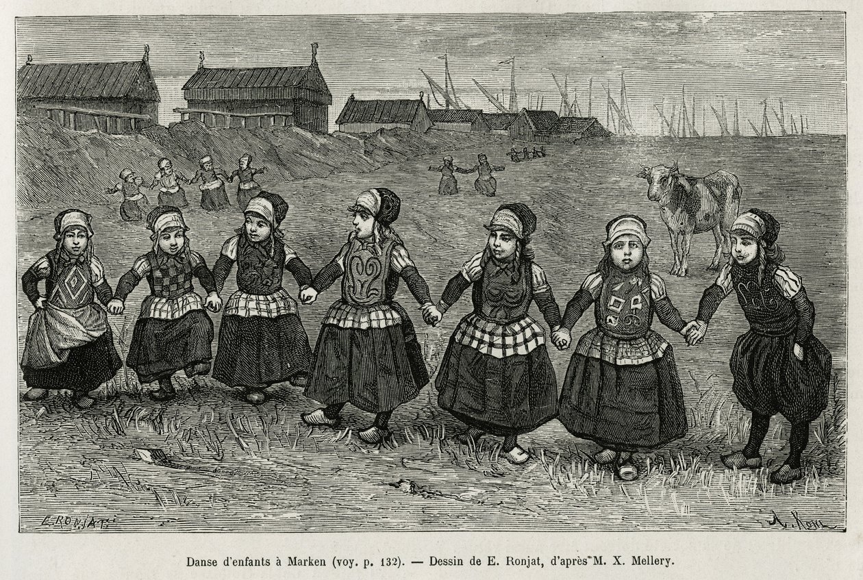 Gyermektáncok Markenben (Hollandia), metszet E.Ronjat rajza alapján, a Neerlande történetének illusztrálására, Charles de Coster 1878-ban, megjelent a tour du monde-ban, Edouard Charton irányításával alkotó: Etienne Antoine Eugene Ronjat