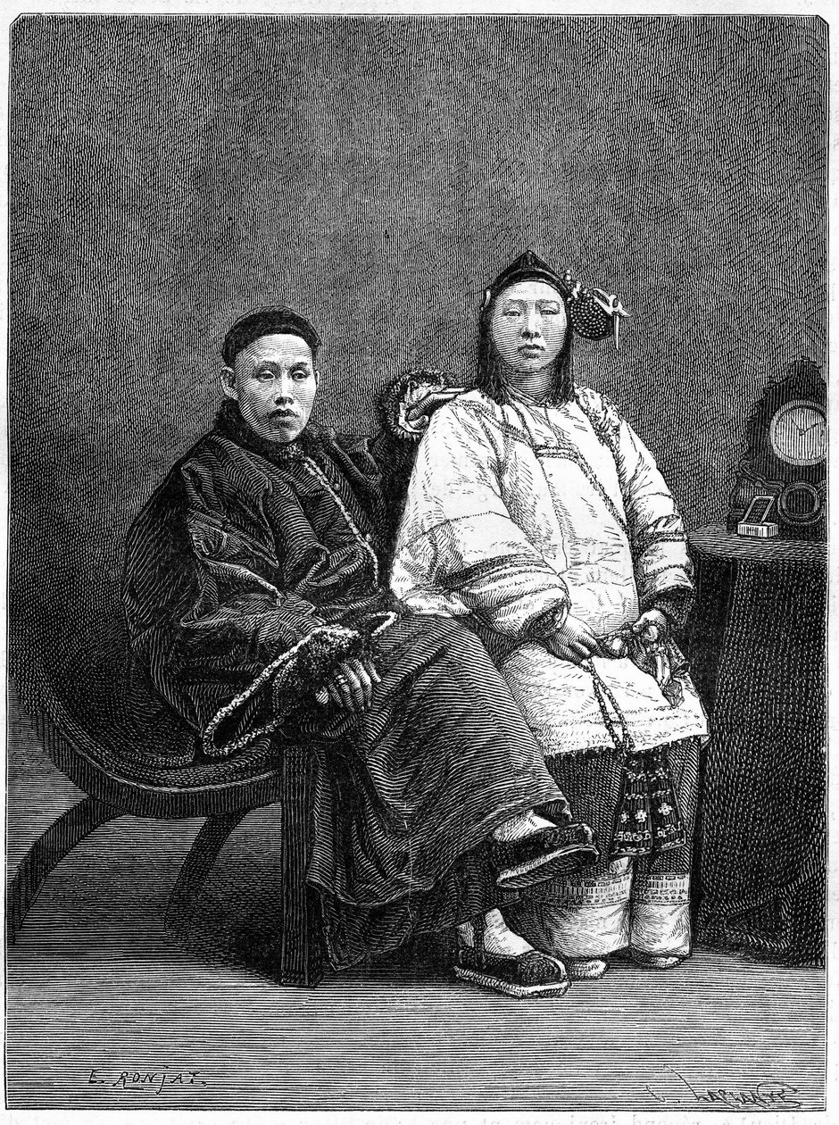 Pár kínai nevezetes San Francisco-ból (Egyesült Államok) a XIX. Metszet Ronjat rajza után, fénykép után, a „Le Tour du Monde, Nouveau Journal des Voyages”-ben, szerkesztette Edouard Charton, Párizs alkotó: Etienne Antoine Eugene Ronjat