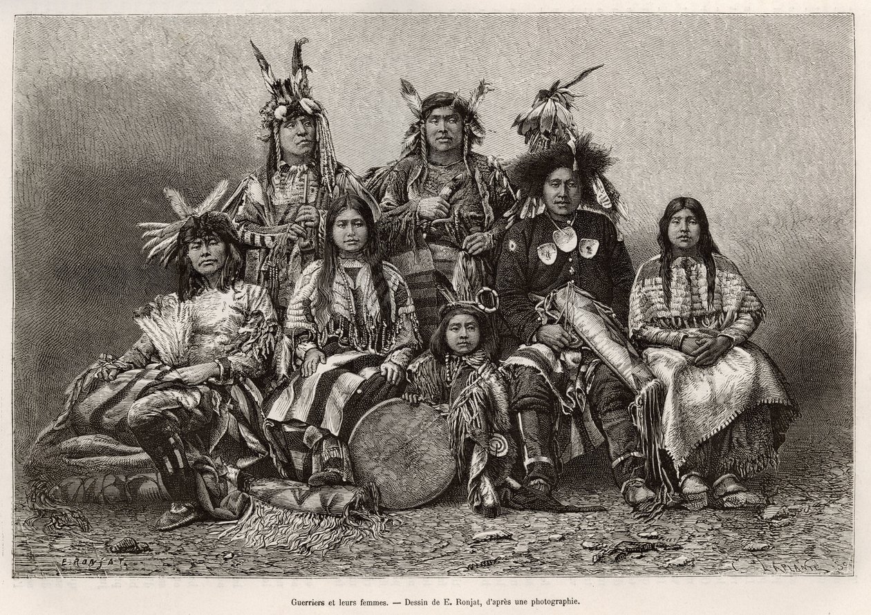 Indiai harcosok és feleségeik (Texas). Metszet E.Ronjat rajza után, William Hepworth Dixon La conquete blanche című történetének illusztrálására, 1875-ben, megjelent a „Le tour du monde”” 1876-ban, szerkesztette Edouard Charton, Hachette kiadás, Párizs. alkotó: Etienne Antoine Eugene Ronjat