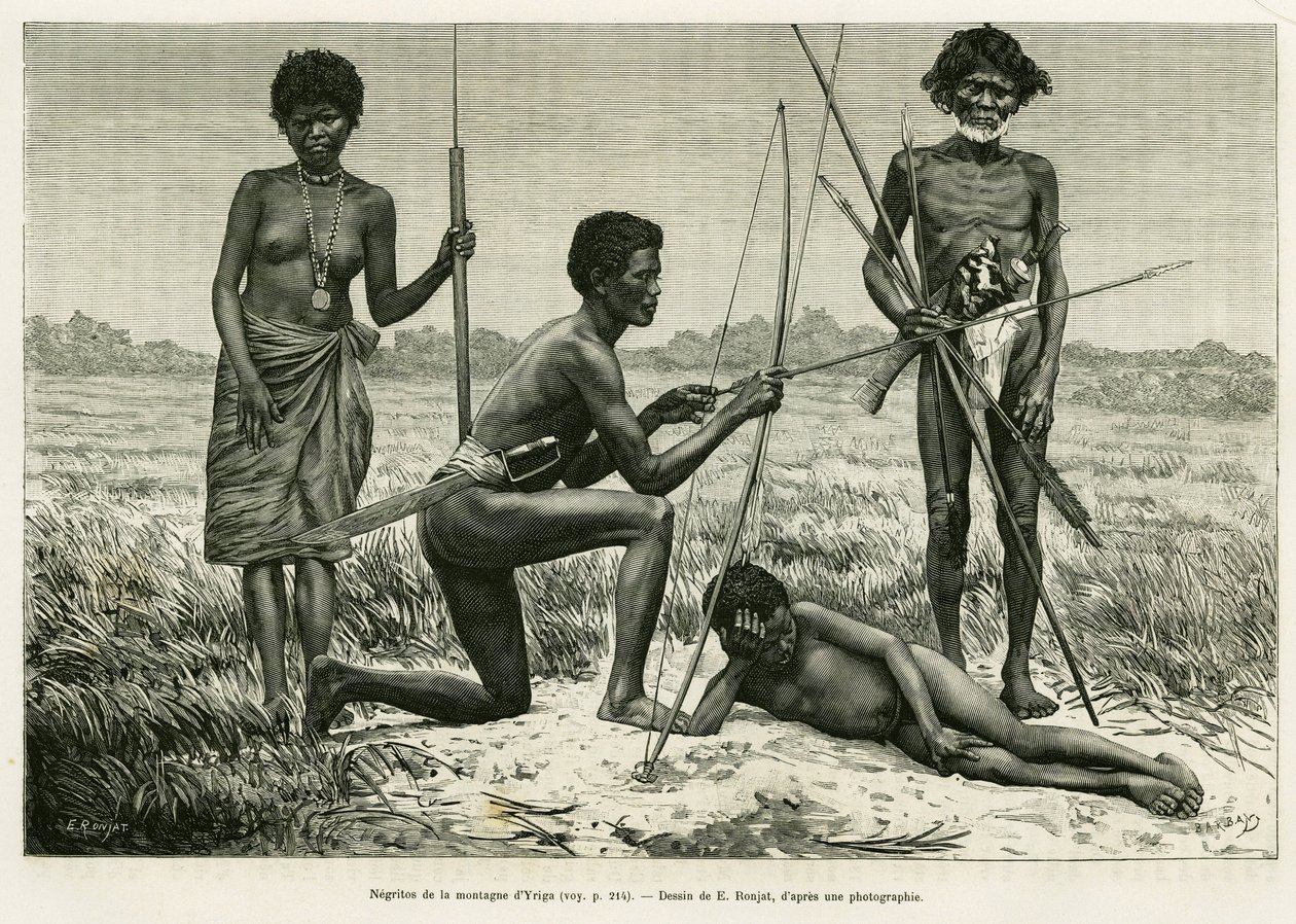 Negritos az Yriga-hegyről. E.Ronjat metszete a Lucon és Palaouan, hat éve a Fülöp-szigeteken című történet illusztrálására, Alfred Marche (1844-1898), in le tour du monde 1886, rendező: Edouard Charton (1807-1890), Hachette, Párizs. alkotó: Etienne Antoine Eugene Ronjat