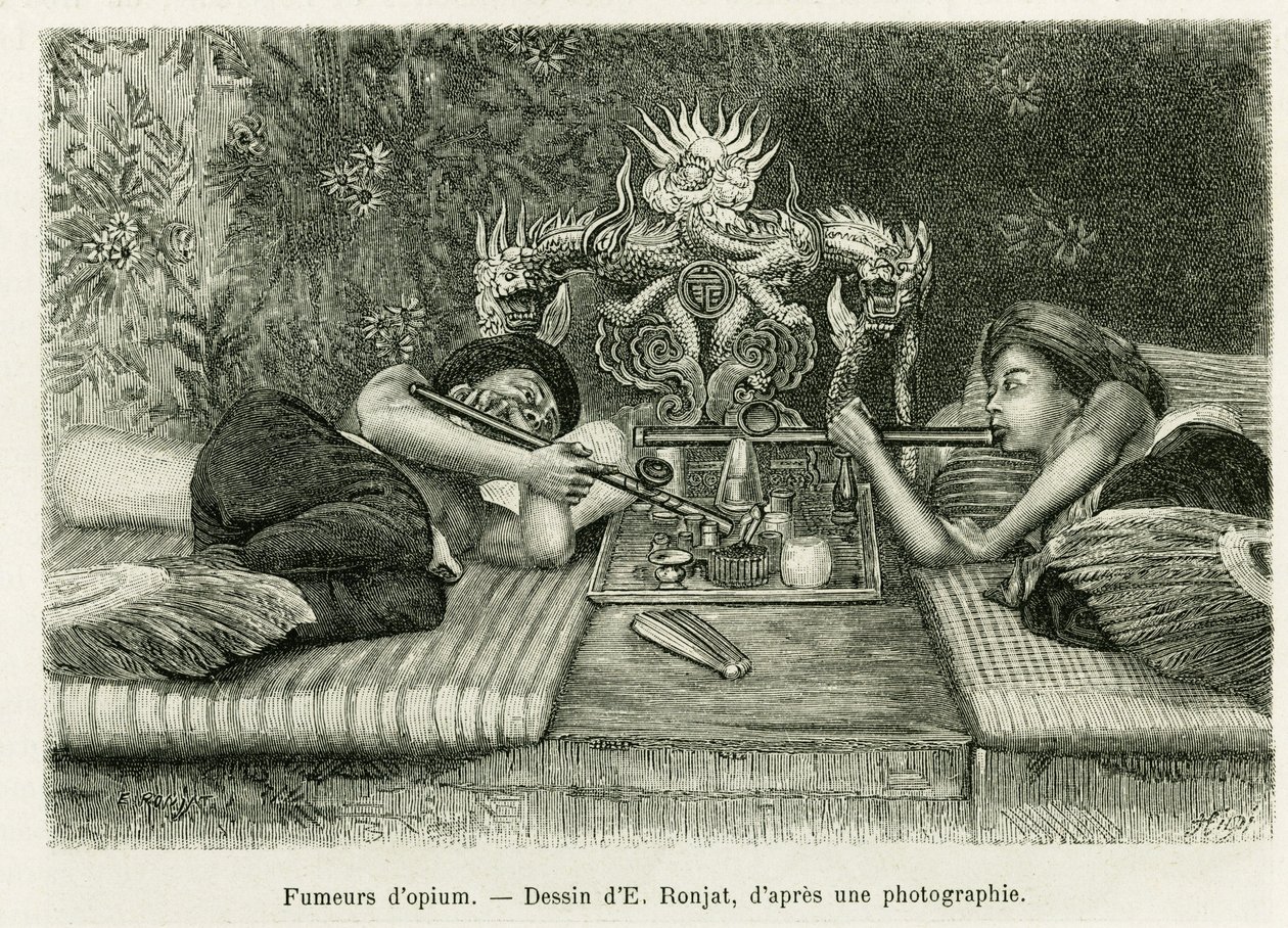 Ópium dohányosok. E.Ronjat metszet, fénykép után, a Trente mois au Tonkin 1884-es történet illusztrálására, Doctor Hocquard, in le tour du monde 1889, rendező: Edouard Charton (1807-1890), Hachette, Párizs. alkotó: Etienne Antoine Eugene Ronjat