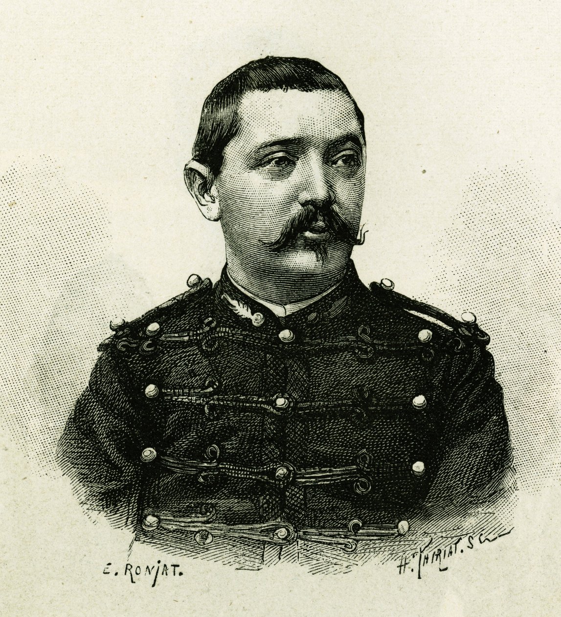 Portré Pietri kapitányról, a haditengerészeti tüzérségről az 1879-1882-es afrikai expedíció során, Gallieni parancsnoksága alatt. E. Ronjat metszet egy fényképről, a „Exploration du Haut Niger (Haut Niger)” (a mai Mali) történet illusztrálására. alkotó: Etienne Antoine Eugene Ronjat