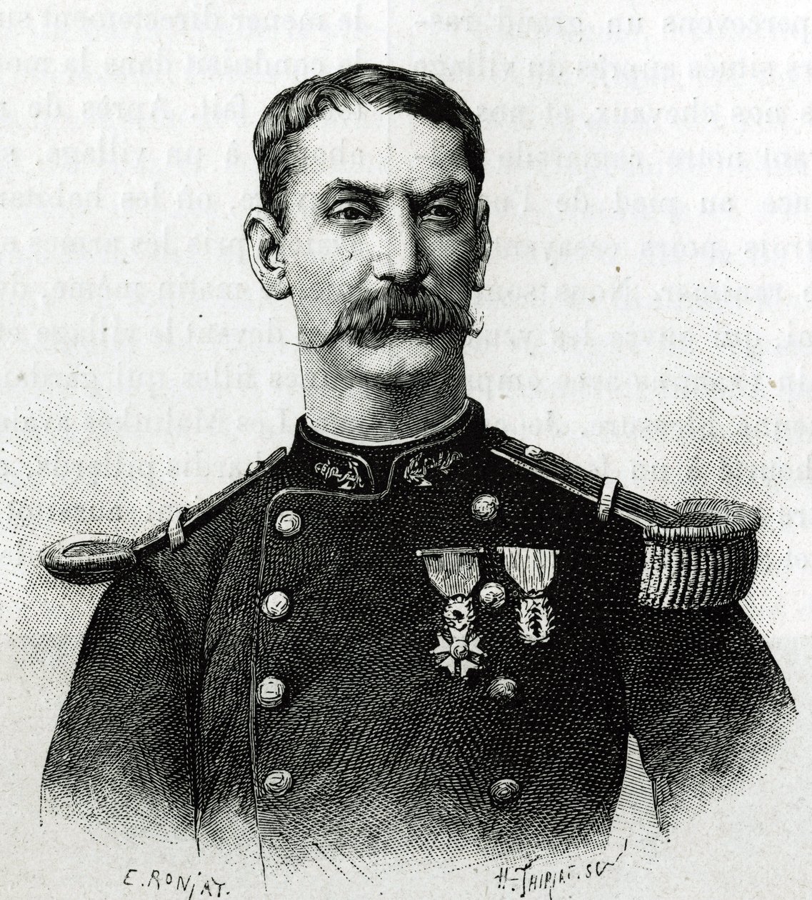 Joseph Gallieni parancsnok portréja az afrikai expedíció során (1879-1882). E. Ronjat metszet egy fénykép után, Joseph Gallieni (1849-1916) parancsnok „Exploration du Haut Niger (Haut Niger)” (a mai Mali) történetének illusztrálására. alkotó: Etienne Antoine Eugene Ronjat