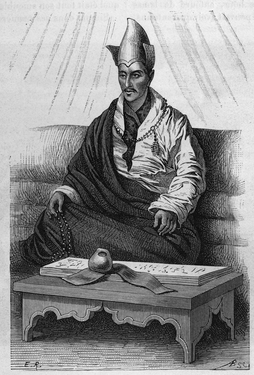 „Khutukcha”, Tibet főpapjának portréja 1870-1880 között. Metszet Ronjat rajza nyomán, a „Le Tour du Monde, Nouveau Journal des Voyages” című kiadványban, szerkesztette Edouard Charton, Párizs alkotó: Etienne Antoine Eugene Ronjat