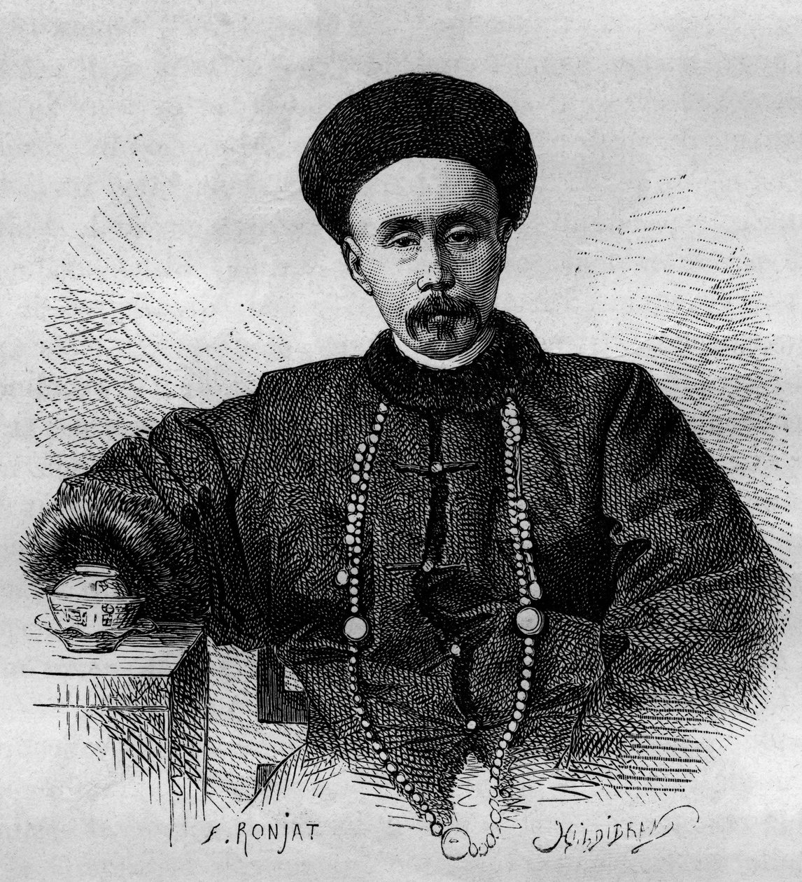 Li Hongzhang (1832-1901), Zhili kínai tábornokának és alkirályának (alkirályának) portréja 1871-től 1895-ig és 1900-tól 1901-ig. Metszet Ronjat rajzából, Thomson fényképéből a „” Le Tour du”-ban Monde, Nouveau Journal des Voyages””, szerkesztette alkotó: Etienne Antoine Eugene Ronjat