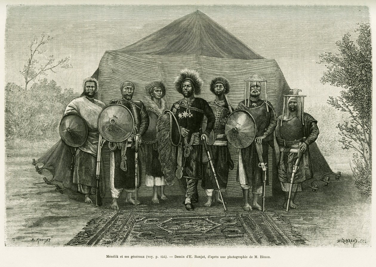 II. Menelik etióp herceg (1844-1913) portréja tábornokaitól körülvéve. Ronjat metszet, fénykép után, a Voyage au Choa (Abyssinie meridionale) történet illusztrálására alkotó: Etienne Antoine Eugene Ronjat