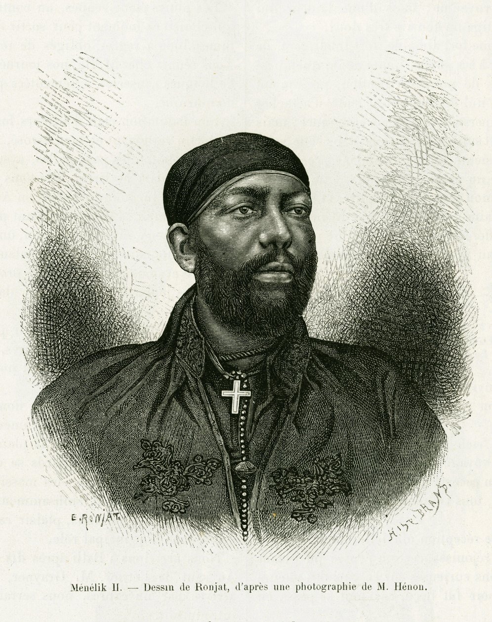 II. Menelik etióp herceg portréja (1844-1913). Ronjat metszet, fénykép után, a Voyage au Choa (Abyssinie meridionale) történet illusztrálására alkotó: Etienne Antoine Eugene Ronjat