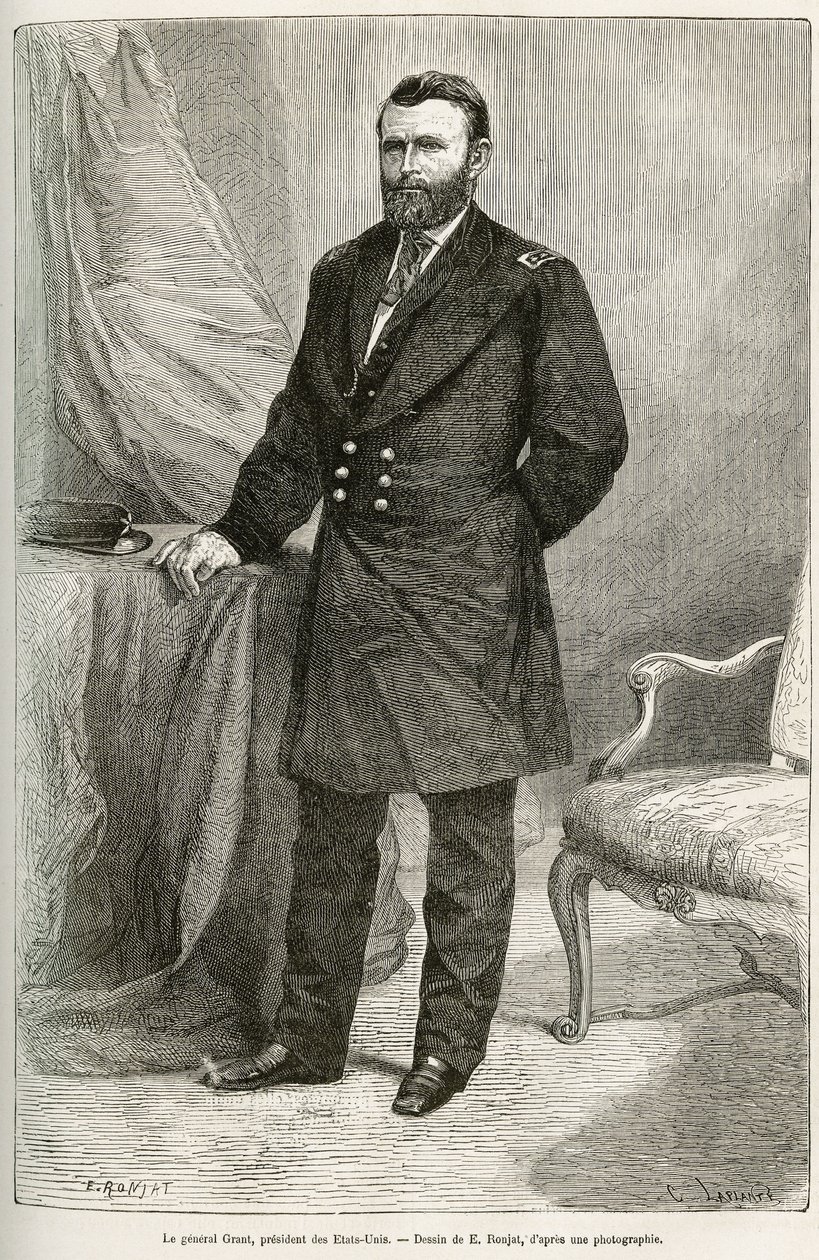Ulysses Grant (1822-1885), amerikai tábornok, az uniós csapatok vezetője a szecessziós háború alatt és az Egyesült Államok (Egyesült Államok) 18. elnökének portréja két ciklusban 1869 és 1877 között. Metszet E.Ronjat rajza után, a illusztrálja a sto alkotó: Etienne Antoine Eugene Ronjat