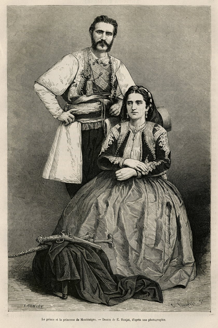 I. Petrovicz Niegosch Miklós montenegrói herceg (1841-1921) és felesége, Milena, szül. Voukovich (1847-1923) portréi, E.Ronjat rajza, Charles Yriarte (1832) 1874-es montenegrói utazásának illusztrálására. -1898). Gravírozás a Le tour du alkotó: Etienne Antoine Eugene Ronjat