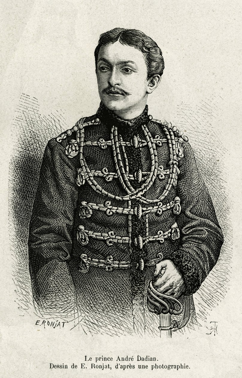 Andre Dadian Mingrelie hercege (1850-1910), az orosz hadsereg tábornoka és sakkbajnok. E.Ronjat metszet, Carla Serena Un tour en Mingrelie (Grúzia régiója, a Kaukázus és a Rion között) című történet illusztrálására, 1876-187 alkotó: Etienne Antoine Eugene Ronjat