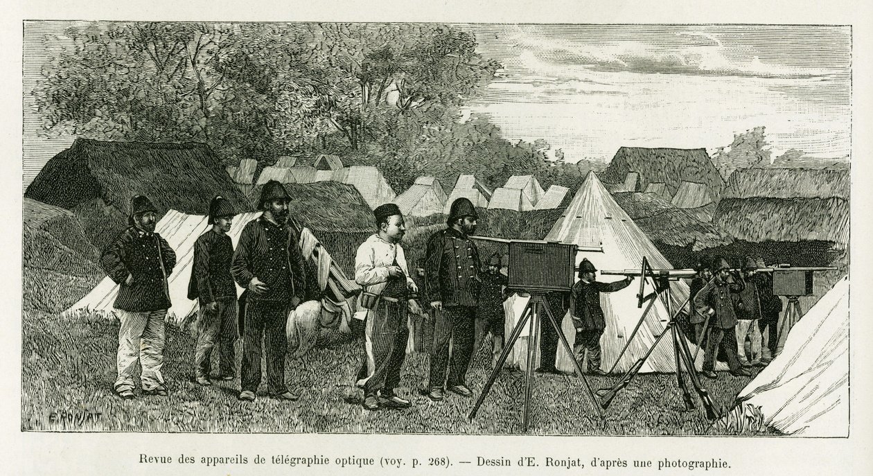 Optikai távíró készülékek áttekintése. E.Ronjat metszete a Trente mois au Tonkin című történet illusztrálására, 1884-ben, Paul Hocquard orvos, in le tour du monde 1890, Edouard Charton (1807-1890) irányítása alatt, Hachette, Párizs. alkotó: Etienne Antoine Eugene Ronjat